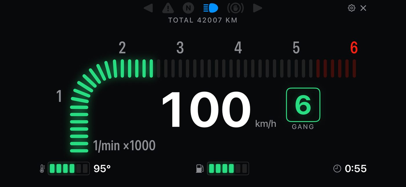 Segment im Querformat: gebogenes Strichband für die Drehzahl, daneben Tempo und Gang wie in einem LCD-Cockpit