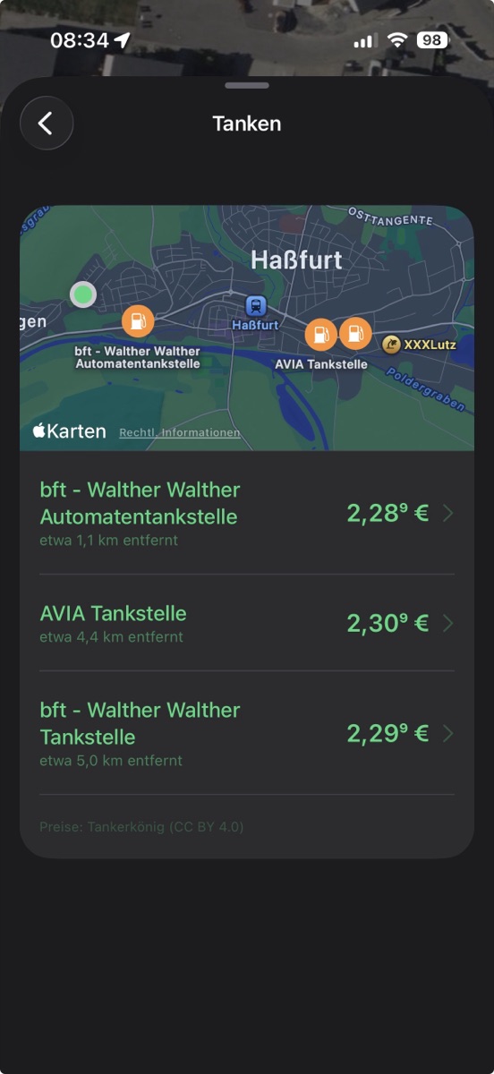 zeigr zeigt Tankstellen mit Preisen auf der Karte